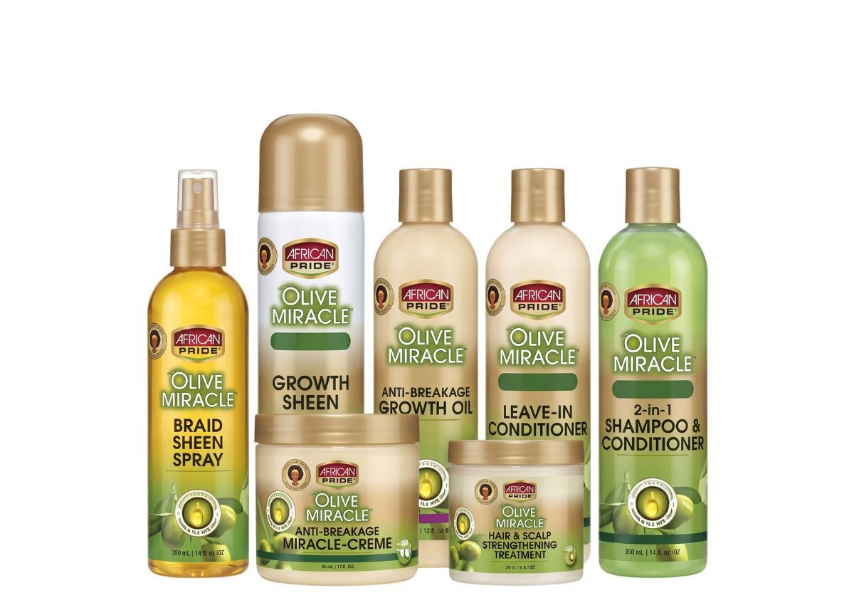 Pack routine capillaire Olive Miracle African Pride : shampoing, leave-in, crème, lotion, traitement et sprays