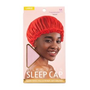Bonnet de nuit en satin soyeux Finecosmetics rouge, taille Large, en boîte rose avec femme souriante