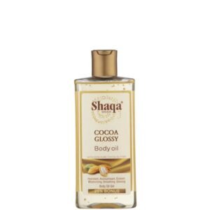Flacon de l'huile corporelle au cacao Shaqa Shah Cocoa Glossy 250ml. Gel huile hydratant et éclatant au pur beurre de cacao avec indication 25% de bonus.