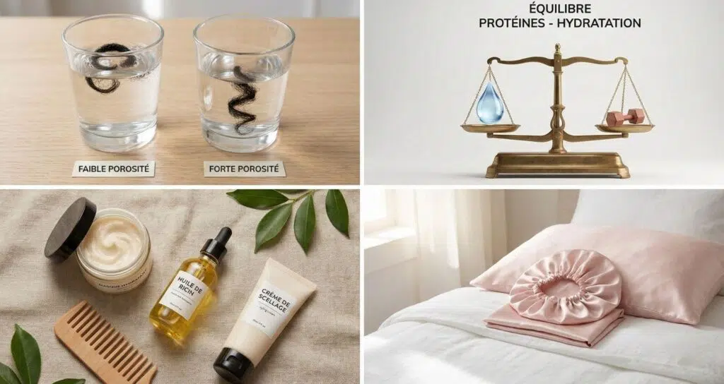 Infographie complète pour routine cheveux 4C montrant le test de porosité, l'équilibre protéines-hydratation, des produits de soin naturels et un bonnet en satin.