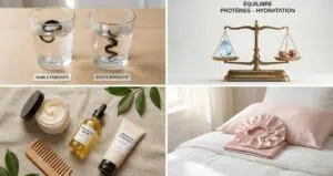 Infographie complète pour routine cheveux 4C montrant le test de porosité, l'équilibre protéines-hydratation, des produits de soin naturels et un bonnet en satin.