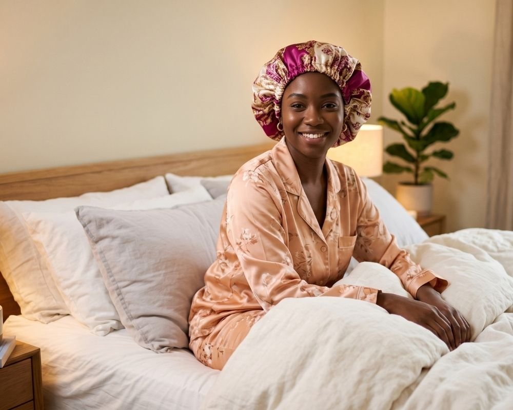Bonnet en satin pour protéger les cheveux crépus 4C pendant la nuit