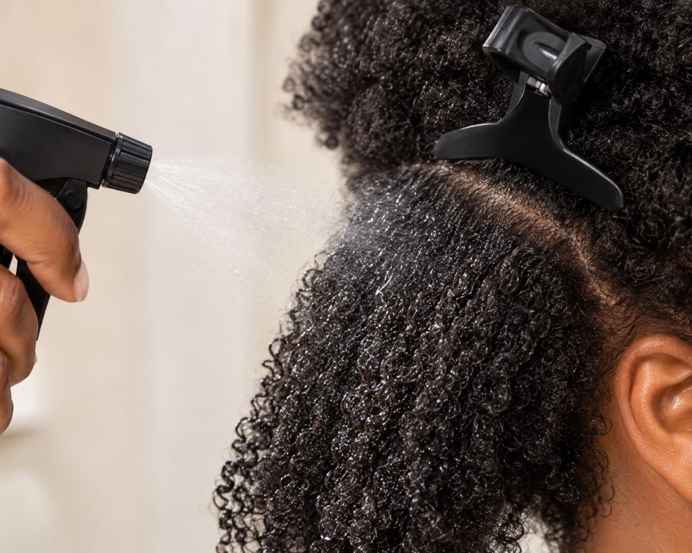Brume hydratante vaporisée sur cheveux 4C avant le démêlage