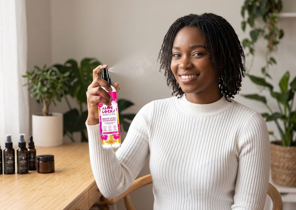 Femme aux micro locks qui vaporise un spray hydratant léger