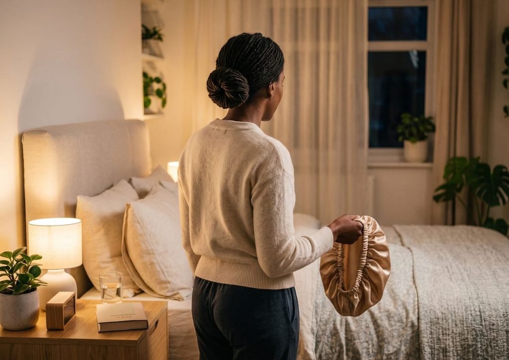 Femme avec des micro locks qui prépare son bonnet en satin pour la nuit
