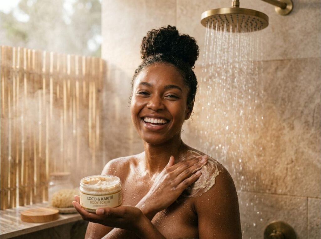 Femme peau noire appliquant un gommage exfoliant sous la douche