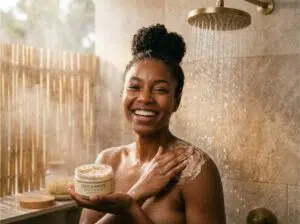 Femme peau noire appliquant un gommage exfoliant sous la douche