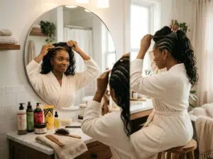 Femme retirant sa perruque et protégeant ses cheveux naturels