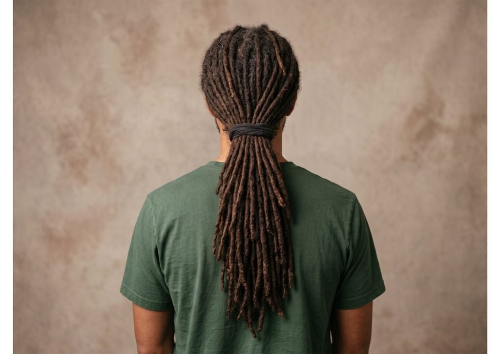Homme de dos avec de longues dreadlocks attachées