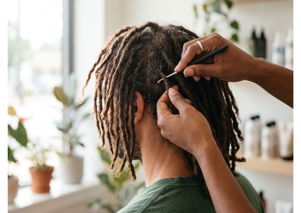 Locticien qui resserre une dreadlock au crochet