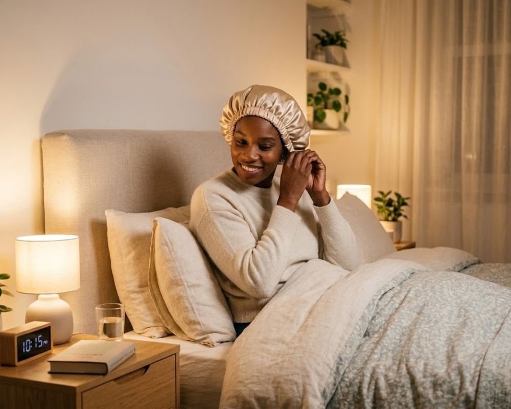 Bonnet en satin pour protéger ses micro locks la nuit