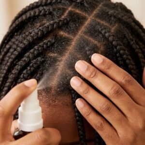 Application du spray anti-démangeaisons sur le cuir chevelu entre des tresses