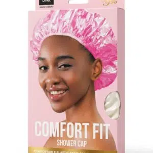 Boîte du bonnet de douche Comfort Fit Yrs avec le bonnet blanc visible dans la fenêtre