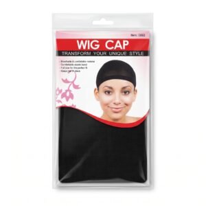 Bonnet pour perruque Wig Cap noir en sachet transparent, avec femme portant le bonnet