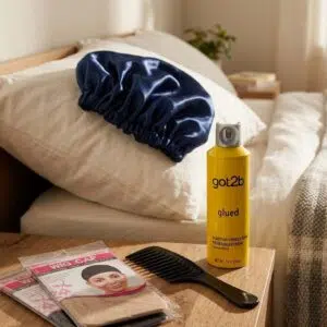 Bonnet satin, wig cap, laque et peigne démêlant du pack entretien perruque posés sur une table de chevet