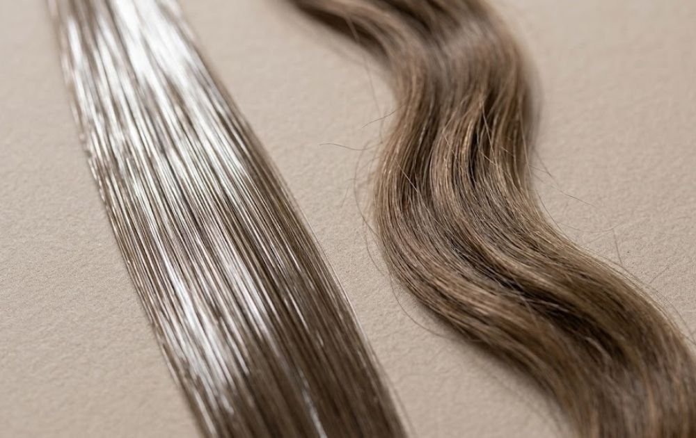 Comparaison de la texture d’une fibre synthétique et d’un cheveu naturel