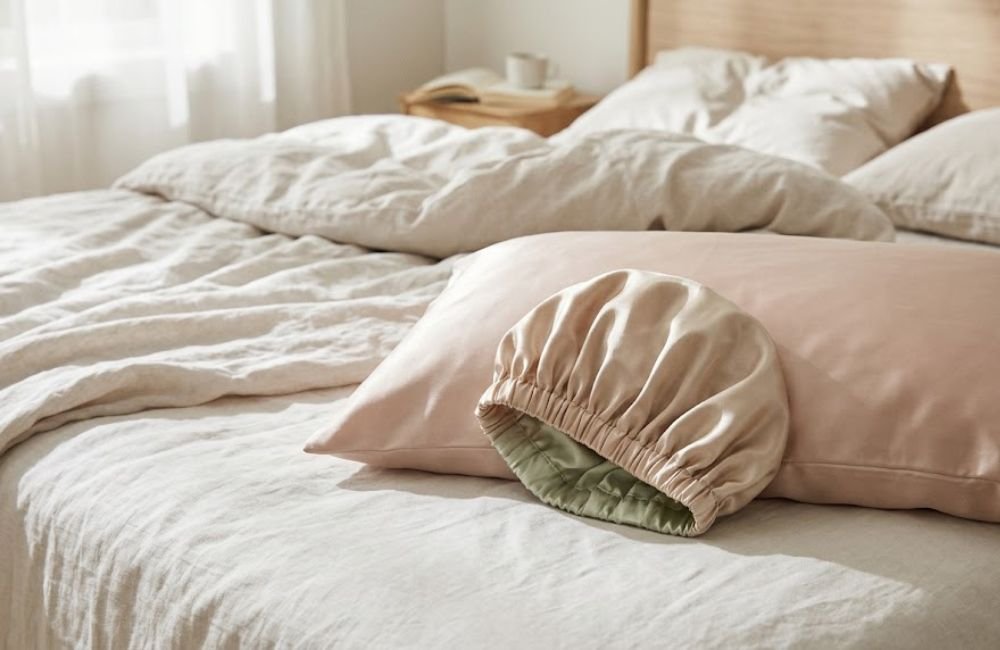 Bonnet en satin et taie d'oreiller en soie pour protéger les cheveux bouclés la nuit