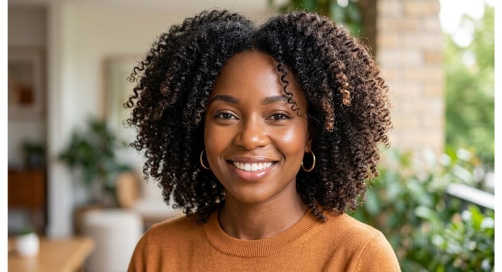 Femme aux cheveux bouclés crépus 3C à 4C bien définis après une routine capillaire