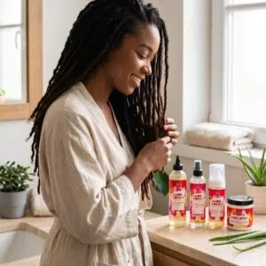 Femme avec des locks dans sa salle de bain avec les soins Aloe Locks Hibiscus sur le plan de travail
