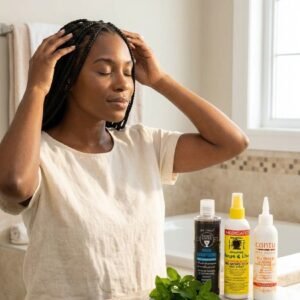 Femme avec des tresses qui masse son cuir chevelu avec les soins du pack apaisant cuir chevelu