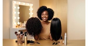 Femme comparant une perruque synthétique bouclée et une perruque en cheveux naturels