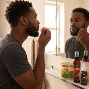 Homme avec une barbe soignée qui applique de l'huile pour barbe avec les soins du pack routine homme