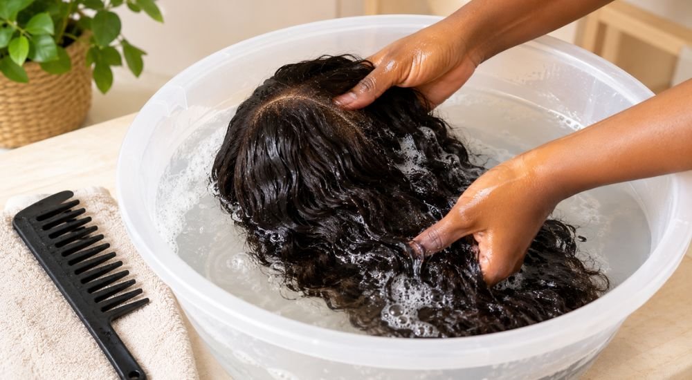 Mains rinçant une perruque en cheveux naturels dans une bassine d'eau tiède