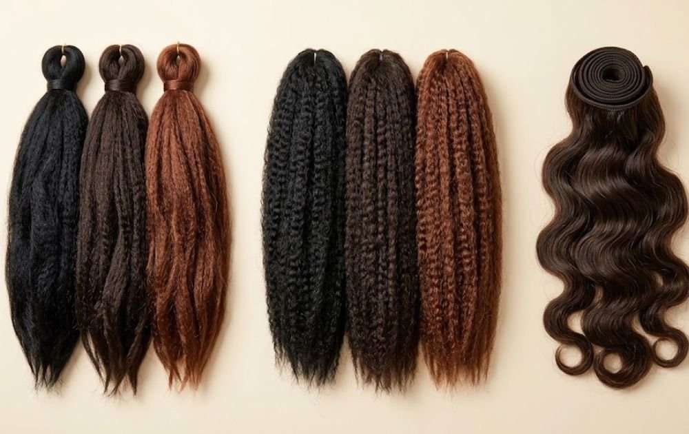 Mèches à tresser synthétiques et tissage ondulé posés côte à côte