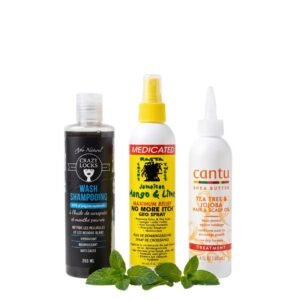Pack apaisant cuir chevelu avec shampoing carapate menthe poivrée, spray anti-démangeaisons et huile Cantu arbre à thé jojoba