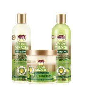 Pack lissage et coiffage Olive Miracle African Pride : shampoing 2 en 1, après-shampoing sans rinçage et crème revitalisante