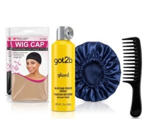 Pack pose et entretien perruque avec wig cap, laque de fixation, bonnet satin et peigne démêlant