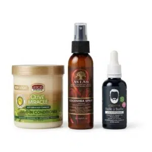 Pack routine homme avec crème sans rinçage African Pride, spray hydratant Cocoshea As I Am et huile pour barbe Ozentya