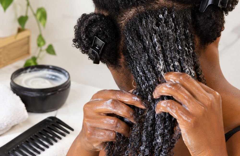 Démêlage doux de cheveux crépus humides avec les doigts et un peigne à dents larges