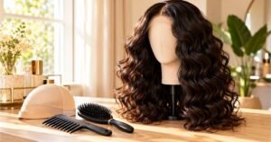 Perruque en cheveux naturels aux boucles souples sur un support