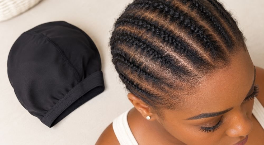 Cheveux naturels nattés à plat et wig cap avant la pose d'une perruque
