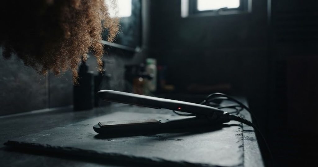 Lisseur chauffant posé près de cheveux crépus, illustrant l’excès de chaleur à éviter sur une forte porosité