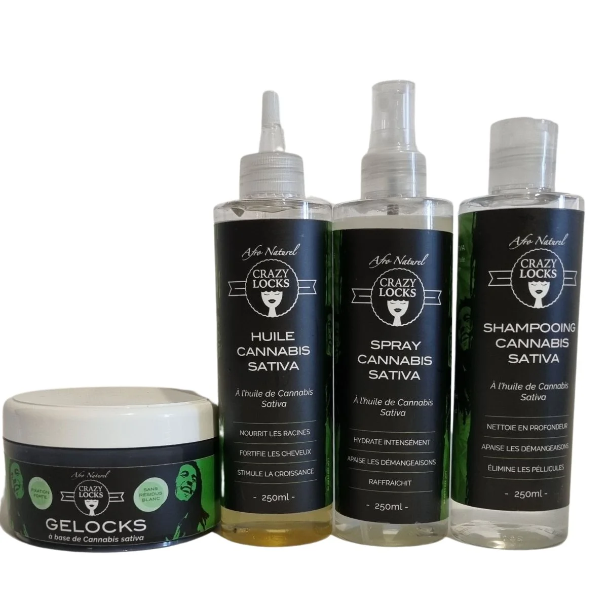 Pack soins pour locks Crazy Locks au cannabis sativa : gelocks, shampooing, spray hydratant et huile